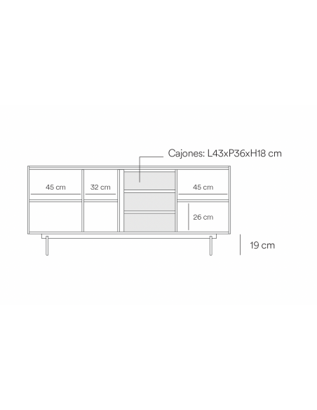 Teulat aparador OTTO 180 x 45. MDF arena y roble, base de metal.