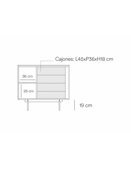Teulat comoda OTTO 90 x 45. MDF teja y roble, base de metal.