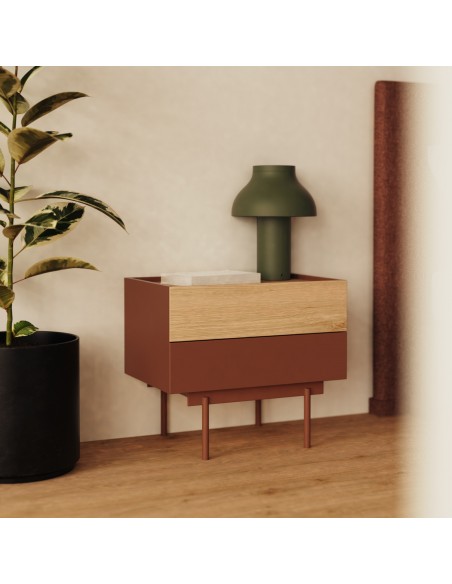 Teulat mesita de noche OTTO 50 X 35. MDF teja y roble, base metal