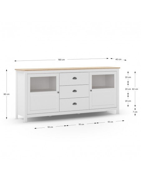Aparador mediterrâneo MISTI 180 x 80, madeira de pinho encerada e branco