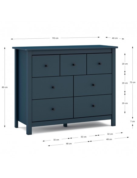 Cómoda mediterránea MISTI 110 x 80, 7 cajones, pino en azul