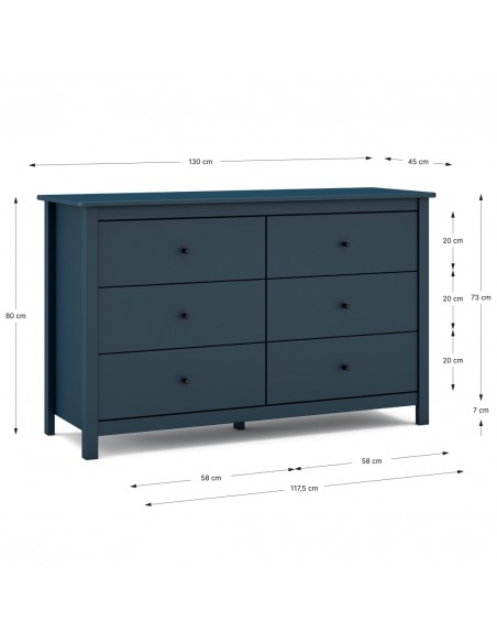 Cômoda mediterrânea MISTI 130 x 80, 6 gavetas, pinho azul