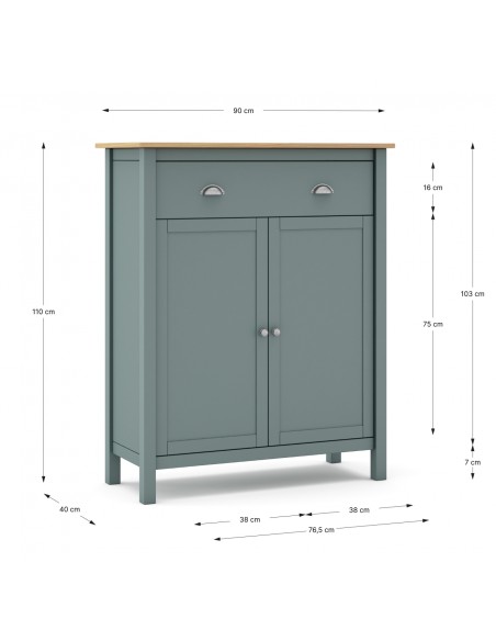 Mueble auxiliar mediterráneo MISTI 90 x 110, madera pino encerada y verde