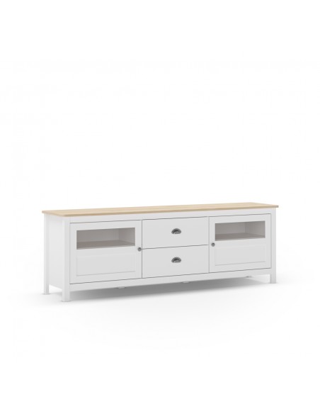Mueble de TV mediterráneo MISTI 180 x 59, madera pino encerada y blanco