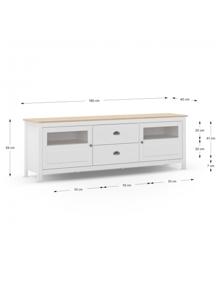 Mueble de TV mediterráneo MISTI 180 x 59, madera pino encerada y blanco