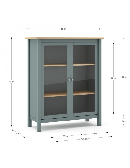 Vitrina mediterráneo MISTI 90 x 110, madera pino encerada y verde