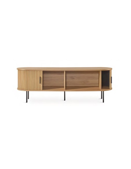 Mueble TV URSE 180 x 40, madera natural y metal negro.