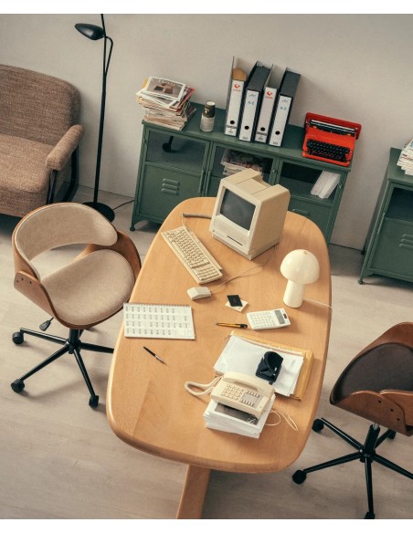 Cadeira de escritório NARA com rodas em estilo vintage, tela creme e nogueira
