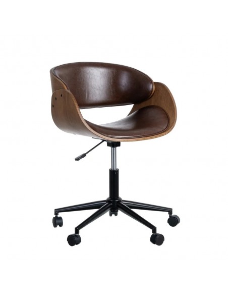 Silla de oficina NARA con ruedas estilo vintage en simil piel marrón y nogal