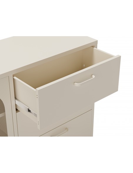 Aparador minimalista em metal Diora creme 140, 2 portas e 3 gavetas.