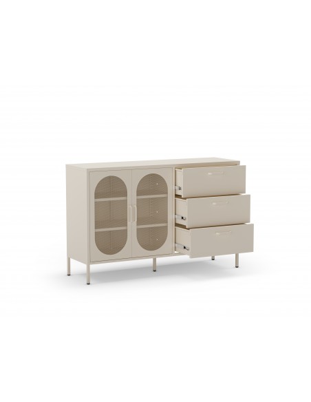 Aparador metálico minimalista Diora crema 140, 2 puertas y 3 cajones