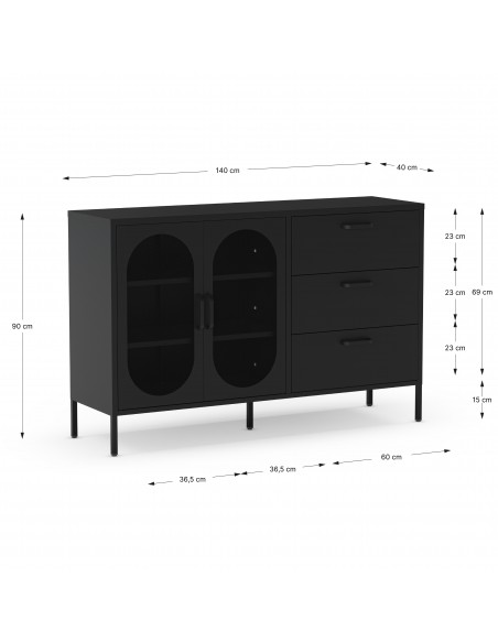 Aparador metálico minimalista Diora negro 140, 2 puertas y 3 cajones