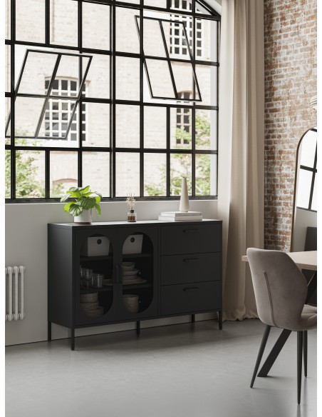 Aparador metálico minimalista Diora negro 140, 2 puertas y 3 cajones