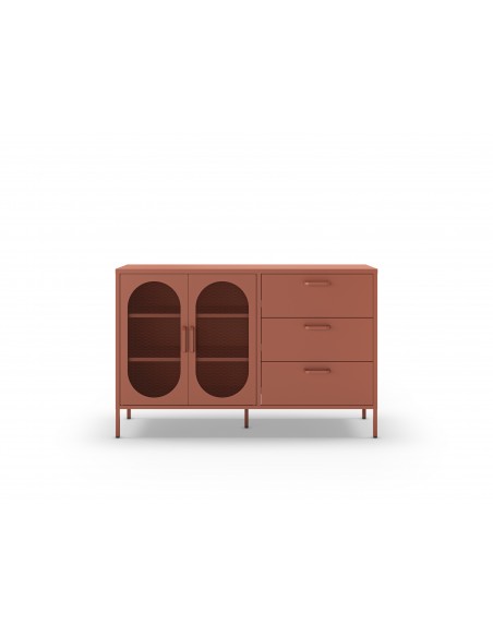 Aparador metálico minimalista Diora terracota 140 cm, 2 puertas y 3 cajones