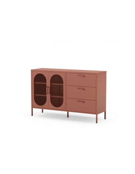 Aparador metálico minimalista Diora terracota 140 cm, 2 puertas y 3 cajones