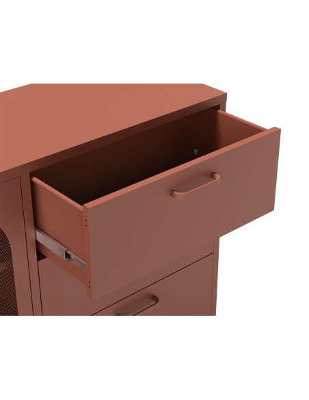 Aparador metálico minimalista Diora terracota 140 cm, 2 puertas y 3 cajones