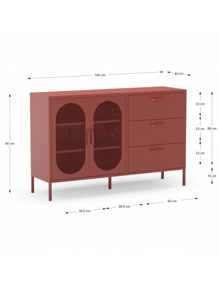Aparador metálico minimalista Diora terracota 140 cm, 2 puertas y 3 cajones
