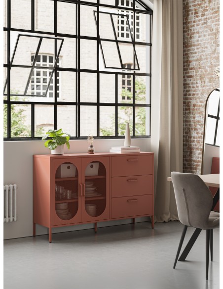Aparador metálico minimalista Diora terracota 140 cm, 2 puertas y 3 cajones