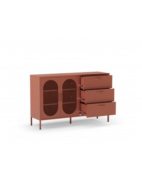 Aparador metálico minimalista Diora terracota 140 cm, 2 puertas y 3 cajones