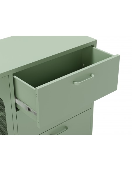 Aparador metálico minimalista Verde Diora 140 cm, 2 puertas y 3 cajones