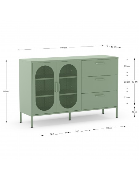 Aparador minimalista em metal verde Diora, 140 cm, 2 portas e 3 gavetas.
