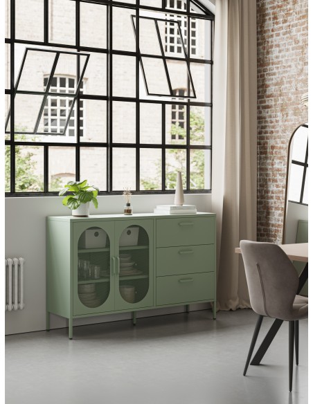 Aparador minimalista em metal verde Diora, 140 cm, 2 portas e 3 gavetas.