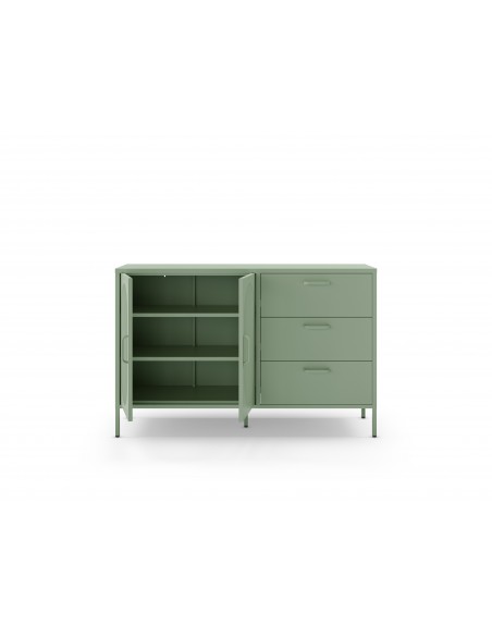Aparador metálico minimalista Verde Diora 140 cm, 2 puertas y 3 cajones