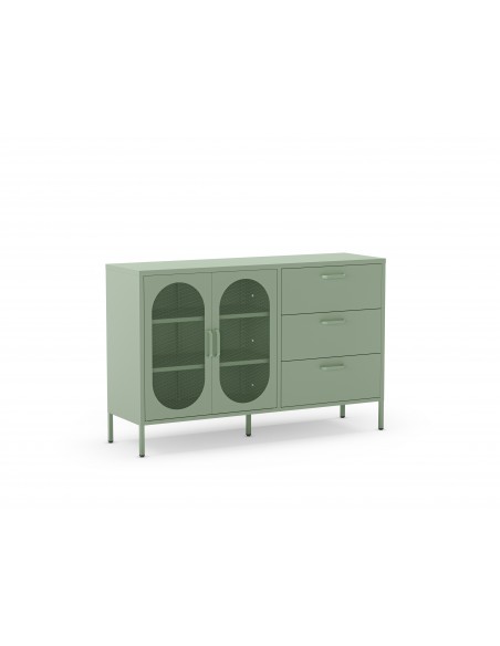 Aparador metálico minimalista Verde Diora 140 cm, 2 puertas y 3 cajones