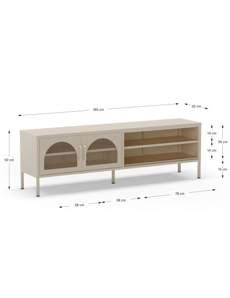 Mueble de TV metálico Moderno Diora Crema 160 cm, 2 Puertas y 2 huecos