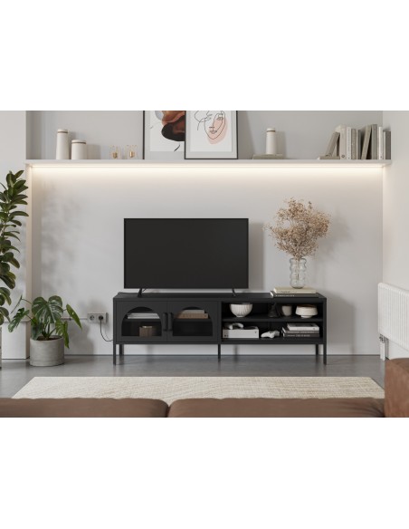 Mueble de TV metálico Moderno Diora Negro 160 cm, 2 Puertas y 2 huecos