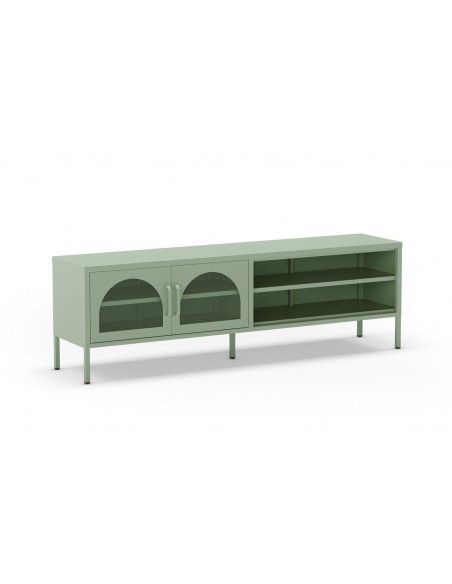 Mueble de TV metálico Moderno Diora Verde 160 cm, 2 Puertas y 2 huecos