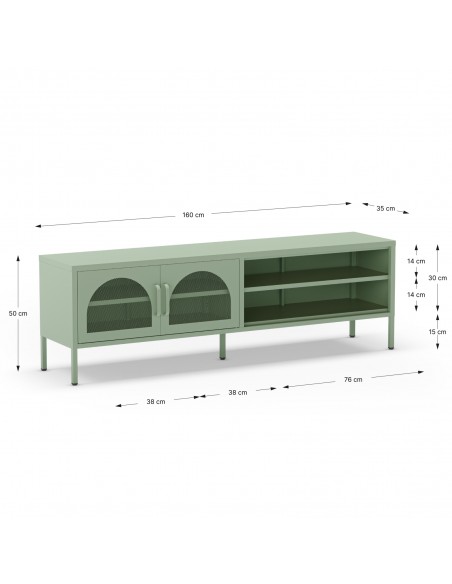Mueble de TV metálico Moderno Diora Verde 160 cm, 2 Puertas y 2 huecos
