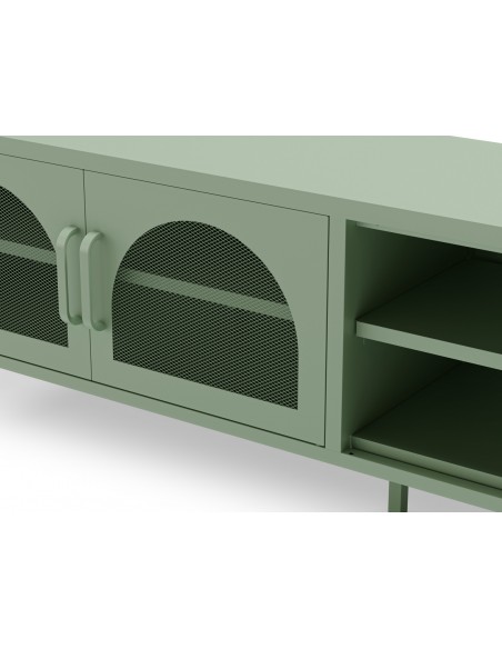 Mueble de TV metálico Moderno Diora Verde 160 cm, 2 Puertas y 2 huecos