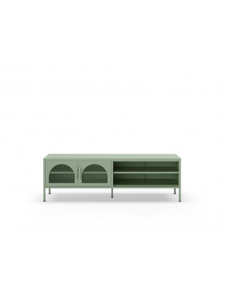 Mueble de TV metálico Moderno Diora Verde 160 cm, 2 Puertas y 2 huecos