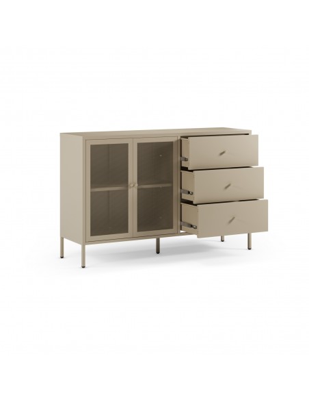 Aparador metálico minimalista FAYNA crema 140 cm, 2 puertas y 3 cajones