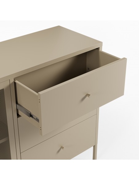 Aparador metálico minimalista FAYNA crema 140 cm, 2 puertas y 3 cajones