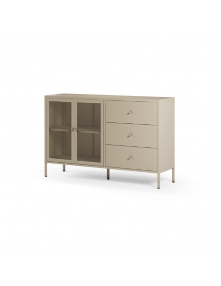 Aparador metálico minimalista FAYNA crema 140 cm, 2 puertas y 3 cajones