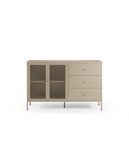 Aparador metálico minimalista FAYNA crema 140 cm, 2 puertas y 3 cajones