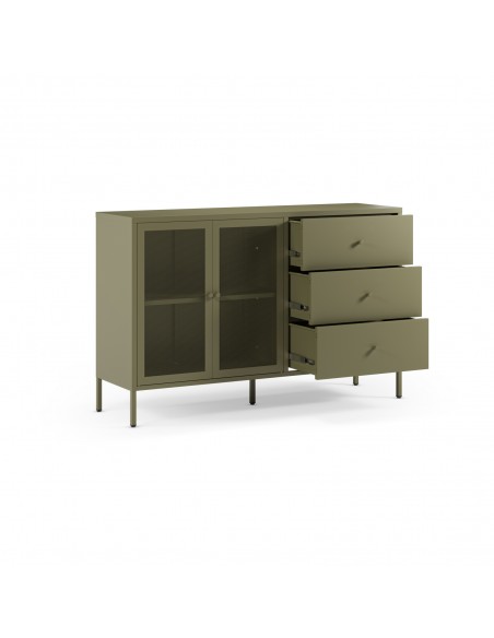 Aparador metálico minimalista FAYNA Verde 140 cm, 2 puertas y 3 cajones