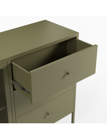 Aparador metálico minimalista FAYNA Verde 140 cm, 2 puertas y 3 cajones