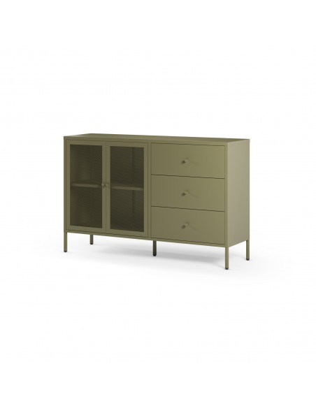Aparador metálico minimalista FAYNA Verde 140 cm, 2 puertas y 3 cajones