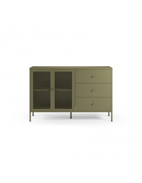 Aparador metálico minimalista FAYNA Verde 140 cm, 2 puertas y 3 cajones