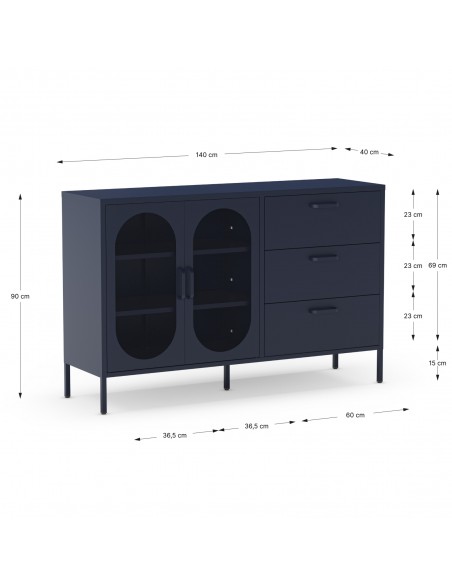 Aparador Azul minimalista Diora 140 cm, 2 Puertas y 3 Cajones