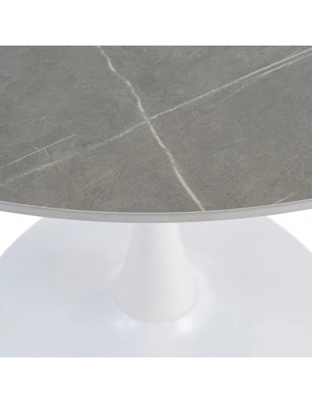 Mesa redonda Oda 100 cm. Porcelánico gris y Metal lacado blanco.