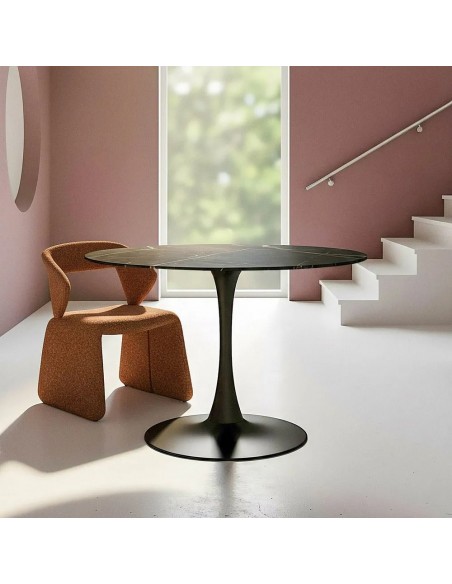 Mesa redonda Oda 100 cm. Porcelánico y Metal lacado negro.