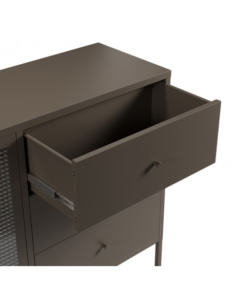 Aparador metálico minimalista LAYNA moca 140 cm,2 puertas de cristal y 3 cajones