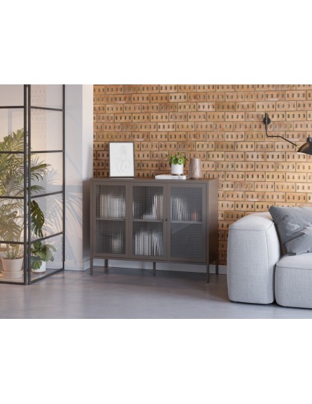 Aparador metálico minimalista LAYNA moca 120 cm con 3 puertas de cristal