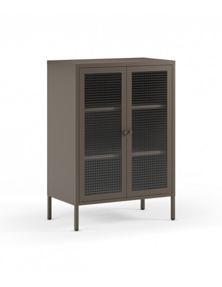 Mueble auxiliar metálico minimalista LAYNA moca 70x100, 2 puertas de cristal