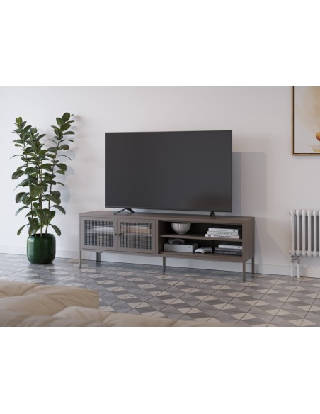 Móvel de TV minimalista LAYNA em metal, cor mocha, 160 cm, com 2 portas de vidro e 2 prateleiras abertas