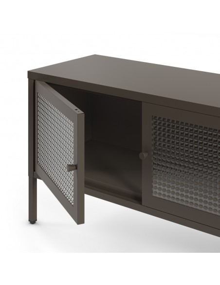 Móvel de TV minimalista LAYNA em metal, cor mocha, 160 cm, com 2 portas de vidro e 2 prateleiras abertas